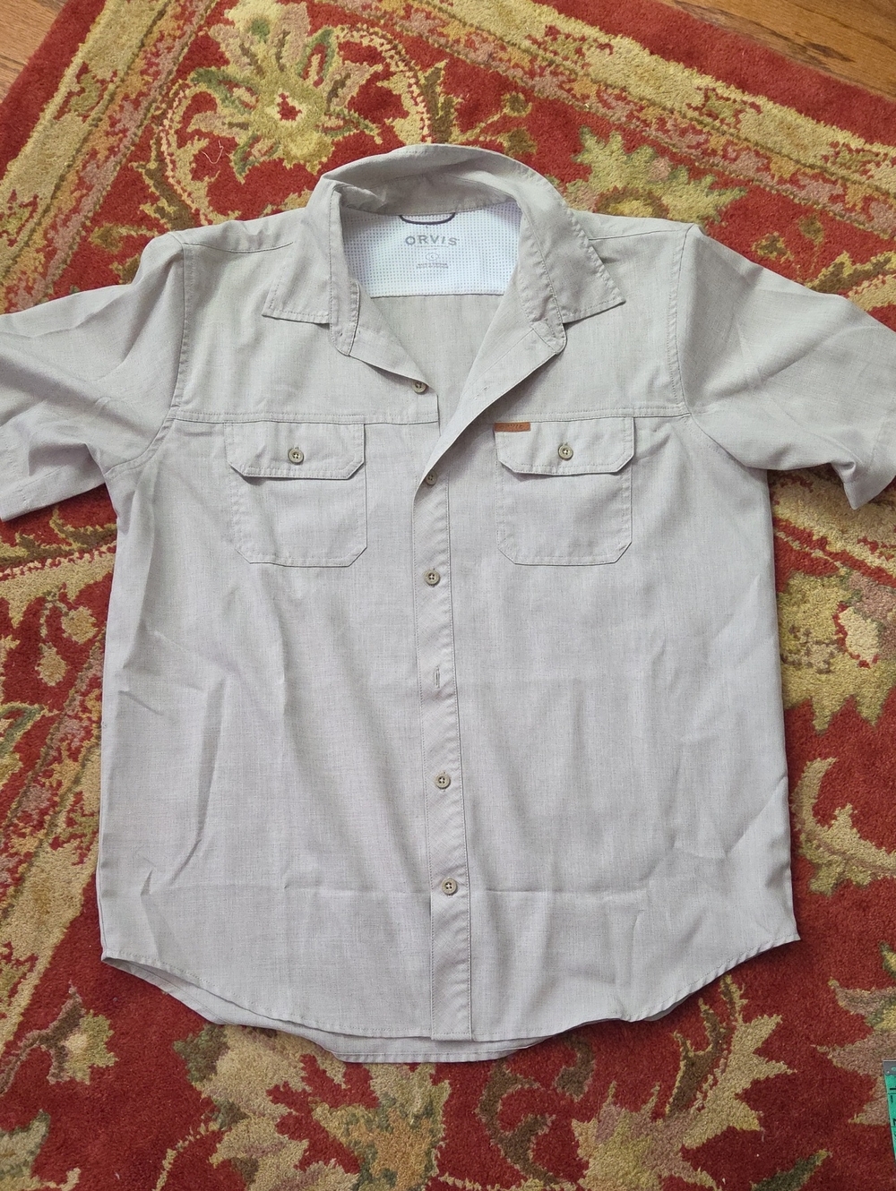 Orvis tan button down shirt